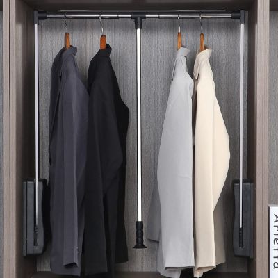 BOVDC Pull Down Closet Rod Aluminum Heavy Duty Clothes Hanging Rail 90 Automatic Stop Wardrobe Lift Rail with Non-Slip Handle for Save Space, Adjustable Width 55-70/70-93/93-125cm(A,55-70CM)