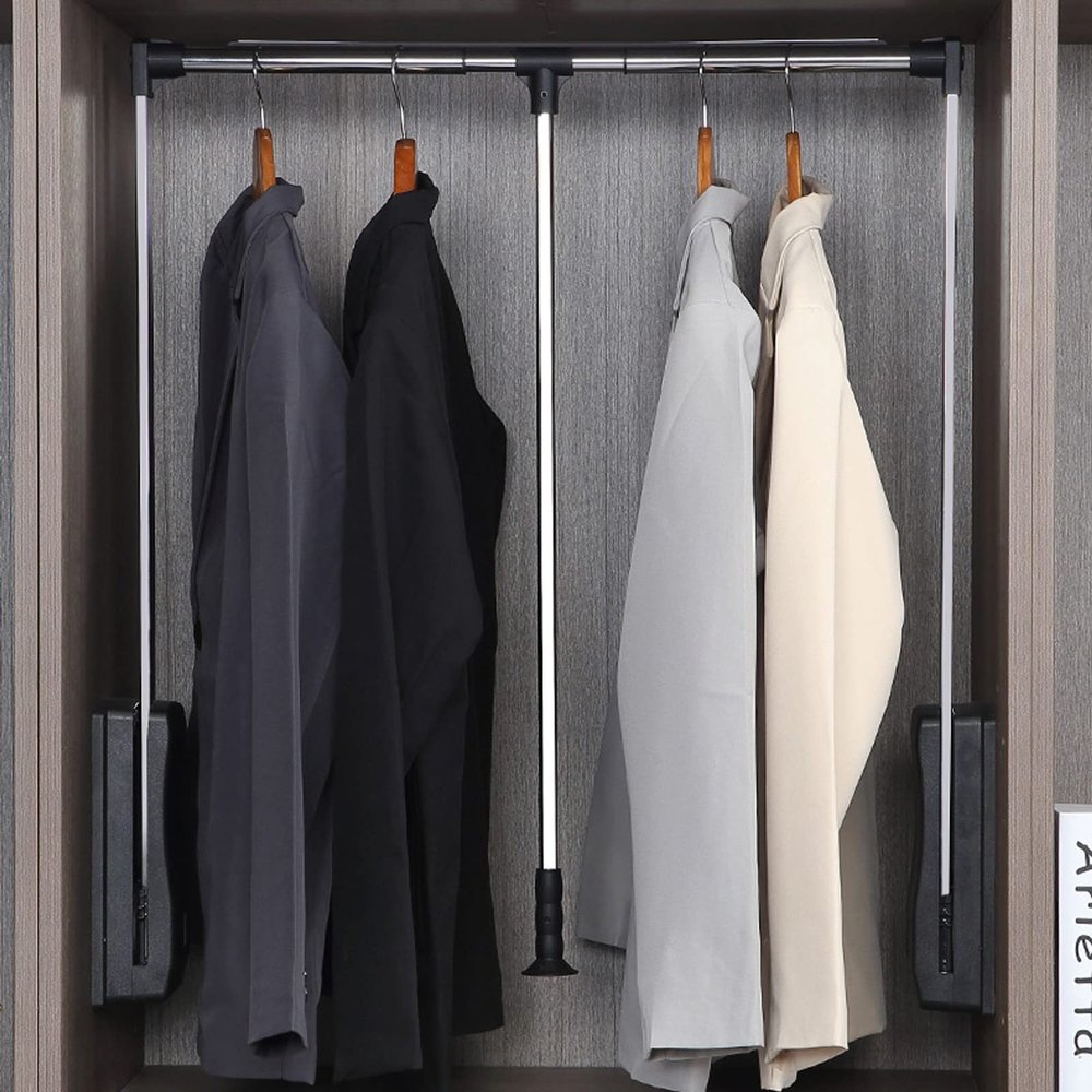 BOVDC Pull Down Closet Rod Aluminum Heavy Duty Clothes Hanging Rail 90 Automatic Stop Wardrobe Lift Rail with Non-Slip Handle for Save Space, Adjustable Width 55-70/70-93/93-125cm(A,55-70CM)