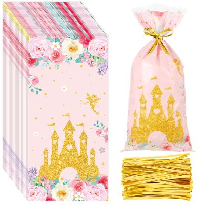 Leinuosen 100 Pcs Princess Theme Cellophane Treat Bags with Ties Castle Floral Fairy Princess Party Favor Bags Pink Plastic Candy Bags Cookie Bags Favor Gift Bag for Birthday Party Supplies