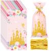 Leinuosen 100 Pcs Princess Theme Cellophane Treat Bags with Ties Castle Floral Fairy Princess Party Favor Bags Pink Plastic Candy Bags Cookie Bags Favor Gift Bag for Birthday Party Supplies view 1