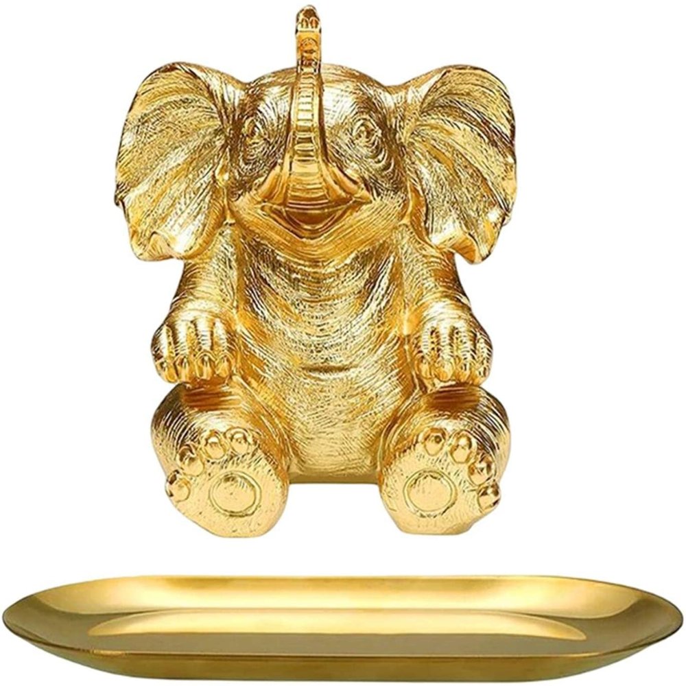 Elephant Statue Storage Tray Animal Statue Storage Plate Jewelry Organizers Serving Tray for Living Room Table Home Decoration - Gold