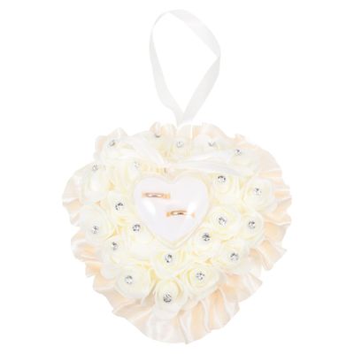 Sewroro Rose Ring Wedding Ring Pillow Romantic Lace Crystal Rose Heart Shape Ring Box Pillow Cushion Ring Bearer Pillow with Ribbon for Wedding Ceremony Supplies Gift Beige Jewelry Rings