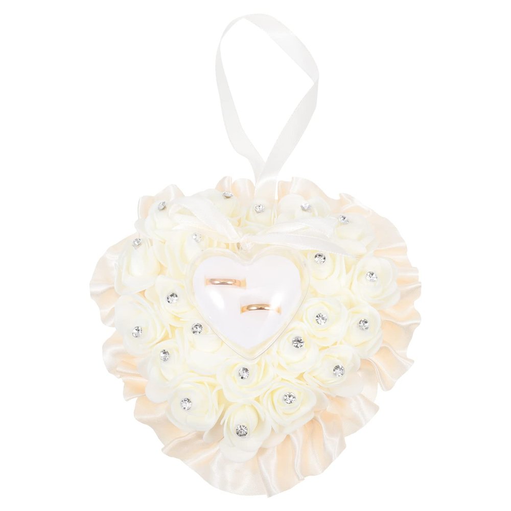 Sewroro Rose Ring Wedding Ring Pillow Romantic Lace Crystal Rose Heart Shape Ring Box Pillow Cushion Ring Bearer Pillow with Ribbon for Wedding Ceremony Supplies Gift Beige Jewelry Rings