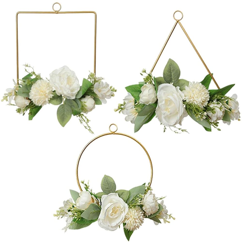 3pcs Artificial Flower Hoop Wreath Summer Door Sign Hanging Artificial Floral Garland for Wedding Home Wall Window Decorations - White