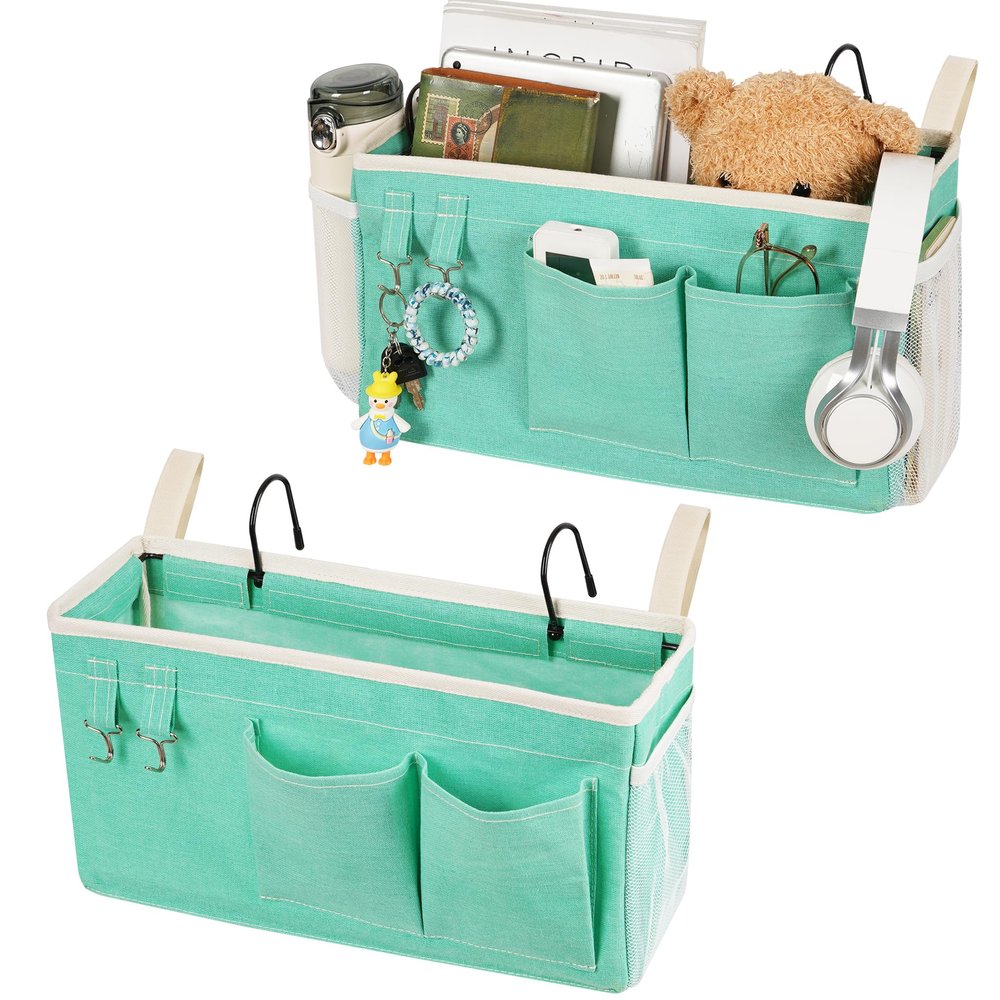 Loghot Bedside Caddy/Bedside Storage Bag Hanging Organizer for Bunk and Hospital Beds,Dorm Rooms Bed Rails,Can be Placed Glasses,Books,Mobile Phones,Keys (2pc Green)