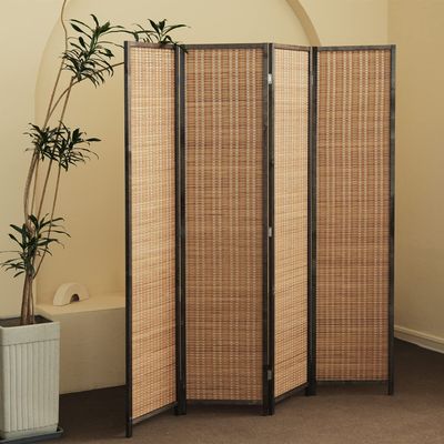 Furnnylane 4 Panel Bamboo Room Divider and Folding Panel Screen,Bamboo Panel Divider for Room Separation,Brown,67" H x 61.4" W