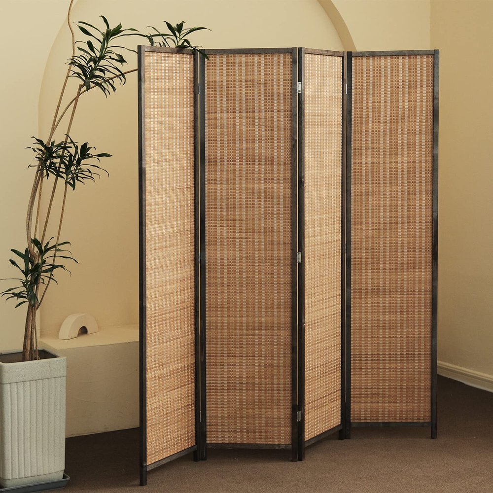 Furnnylane 4 Panel Bamboo Room Divider and Folding Panel Screen,Bamboo Panel Divider for Room Separation,Brown,67" H x 61.4" W