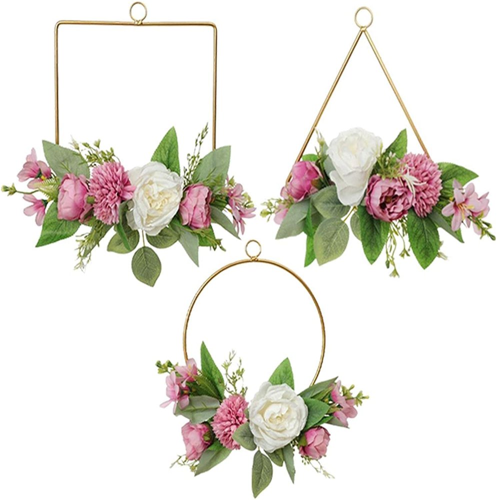 3pcs Artificial Flower Hoop Wreath Summer Door Sign Hanging Artificial Floral Garland for Wedding Home Wall Window Decorations - Pink