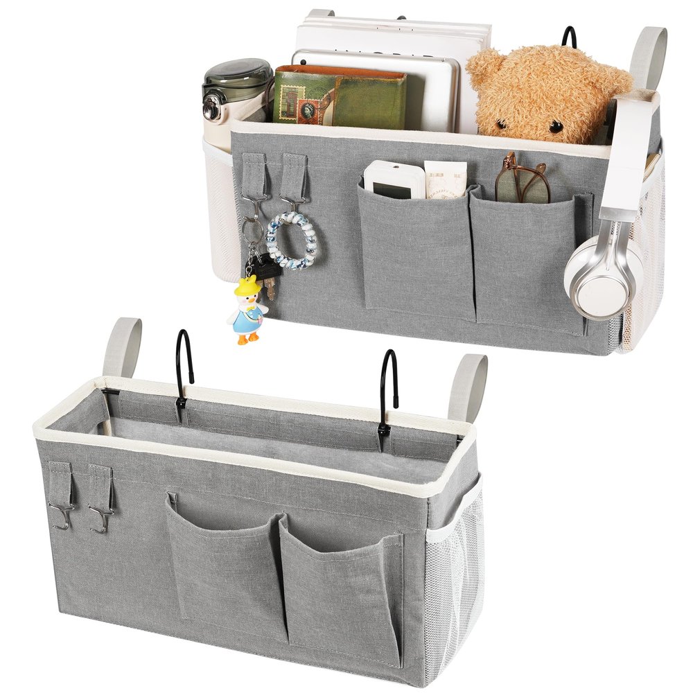 Loghot Bedside Caddy/Bedside Storage Bag Hanging Organizer for Bunk and Hospital Beds,Dorm Rooms Bed Rails,Can be Placed Glasses,Books,Mobile Phones,Keys (2pc Grey)