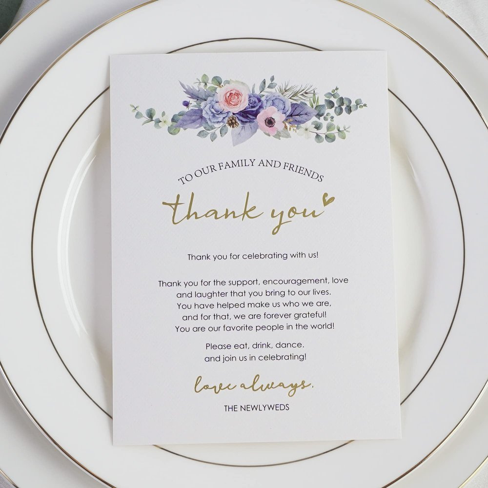 HUIHUANG Wedding Thank You Place Setting Cards, 50 Place Cards for Table Setting, Table Place Cards for Wedding Favors, Receptions, Dinner Parties, Events and Celebrations (4 X 6 in, Blue Floral)