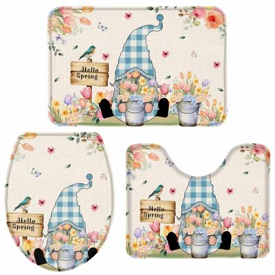Hello Spring Bathroom Rug Set 3 Piece Non Slip Absorbent Mats Sets, Washable Carpets Set Bath Shower Mats for Home Decoration 20"x31"+16"x18"+16"x20", Cute Gnome with Colorful Tulip Flowers