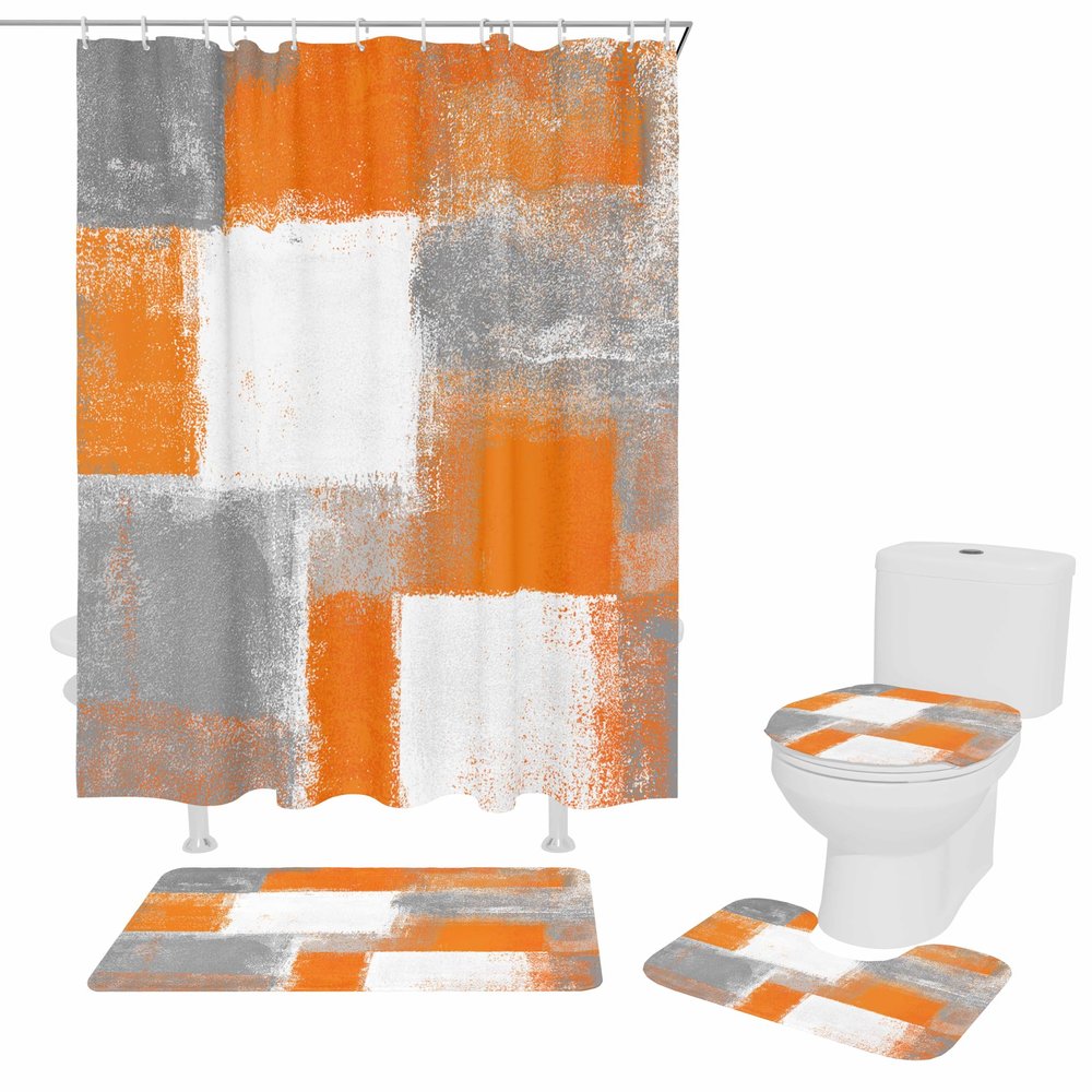 4 Piece Abstract Graffiti Shower Curtain Sets Burnt Orange and Grey Modern Artwork Bathroom Sets with Non-Slip Rugs,U-Shaped Contour Rug,Toilet Lid Cover,66"x72"Shower Curtain with Hooks for Bathroom