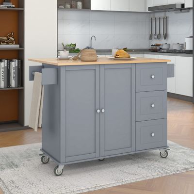 Goujxcy Rolling Kitchen Island with Drop-Leaf Tabletop, Wooden Kitchen Cart Breakfast Cart with Large Cabinet, Spice Rack, Towel Rack, Drawers, 52.7 W x 17-30 D x 36.8 H (Gray)
