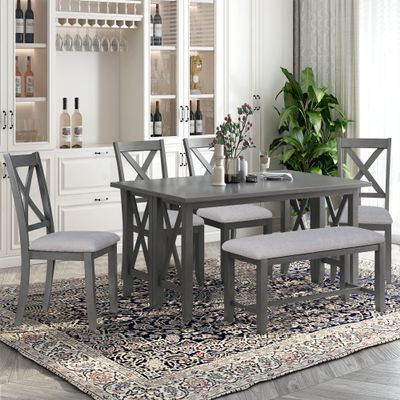 6-Piece Dining Table Set with Bench for 6 Rectangular Kitchen Table Set with 4 Chairs & Bench Retro Dining Room Table and Chairs with Bench for Kitchen, Dining Room (Gray with X)