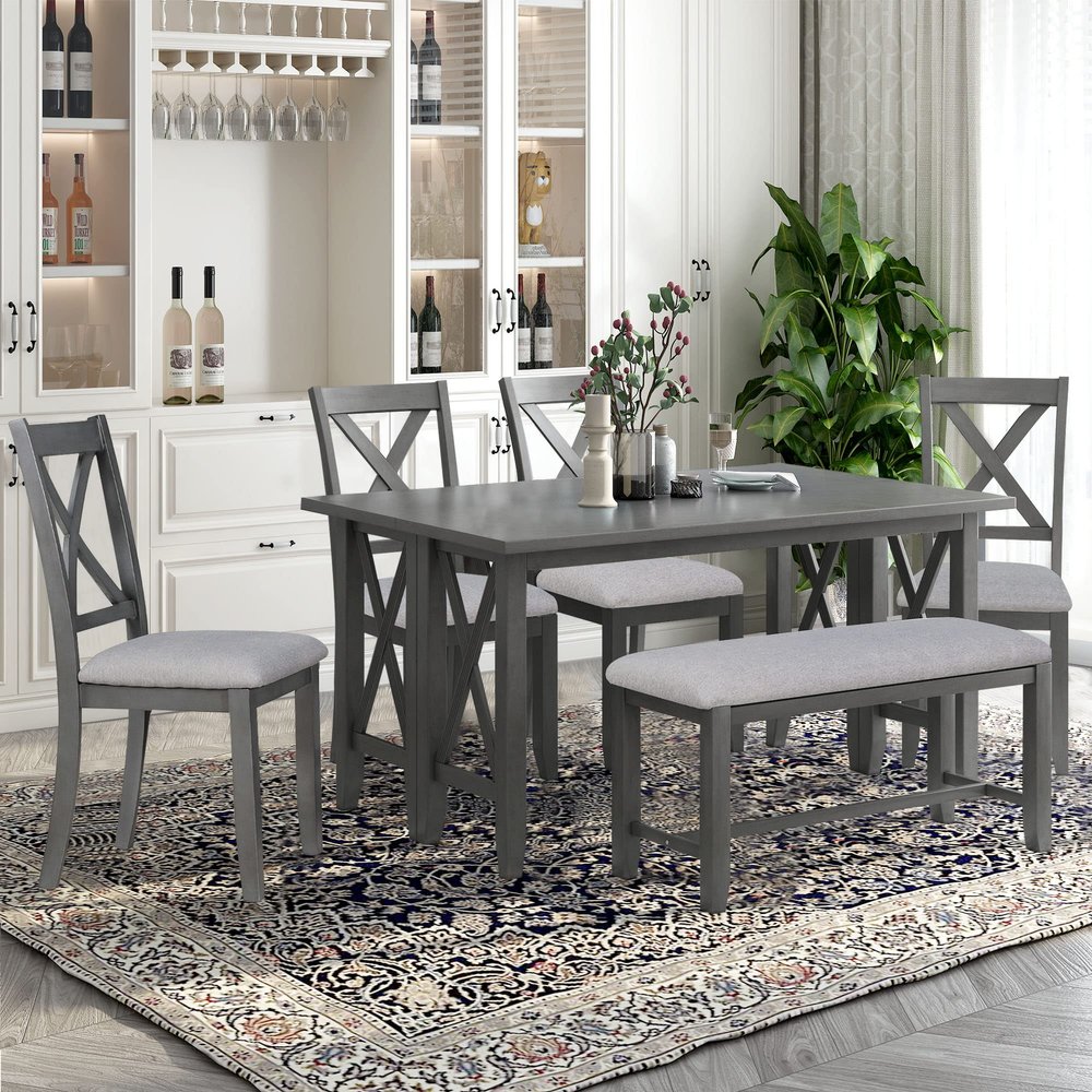 6-Piece Dining Table Set with Bench for 6 Rectangular Kitchen Table Set with 4 Chairs & Bench Retro Dining Room Table and Chairs with Bench for Kitchen, Dining Room (Gray with X)