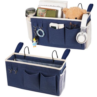 Loghot Bedside Caddy/Bedside Storage Bag Hanging Organizer for Bunk and Hospital Beds,Dorm Rooms Bed Rails,Can be Placed Glasses,Books,Mobile Phones,Keys (2pc Navy Blue)