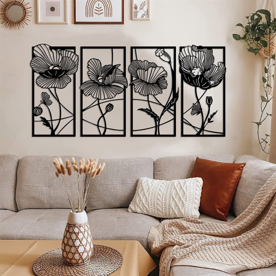 4 Piece Flower Set Metal Wall Decor, Flowers Metal Wall Art, 3 Pieces Wall Art, Living Room/Kitchen Decor, Boho Decor, Hanging Flowers Metal Wall Art, Modern Flower Art, Metal Flower Decor, (47.2" x
