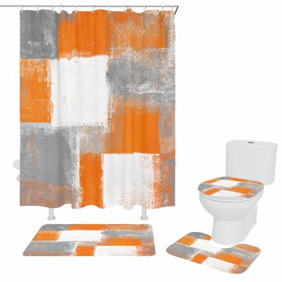 4 Piece Abstract Graffiti Shower Curtain Sets Burnt Orange and Grey Modern Artwork Bathroom Sets with Non-Slip Rugs,U-Shaped Contour Rug,Toilet Lid Cover,72"x72"Shower Curtain with Hooks for Bathroom
