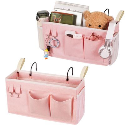 Loghot Bedside Caddy/Bedside Storage Bag Hanging Organizer for Bunk and Hospital Beds,Dorm Rooms Bed Rails,Can be Placed Glasses,Books,Mobile Phones,Keys (2pc Pink)