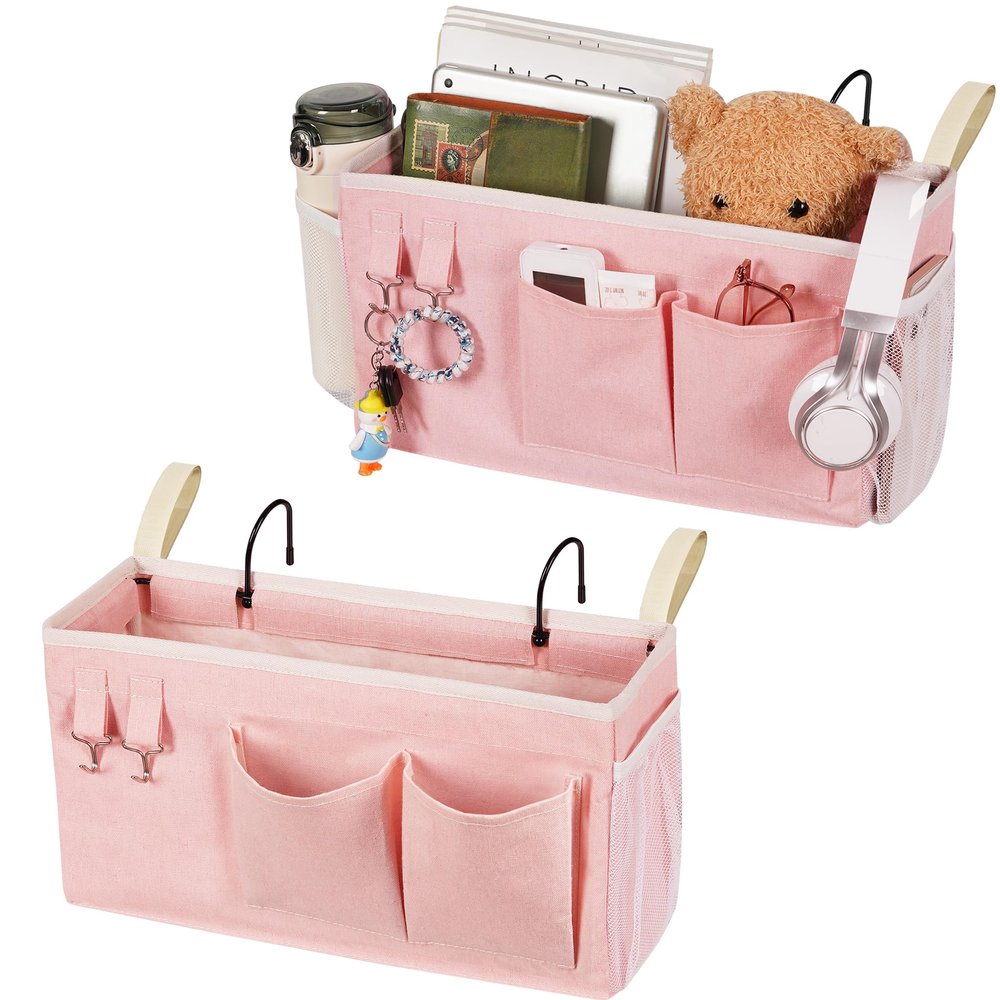 Loghot Bedside Caddy/Bedside Storage Bag Hanging Organizer for Bunk and Hospital Beds,Dorm Rooms Bed Rails,Can be Placed Glasses,Books,Mobile Phones,Keys (2pc Pink)