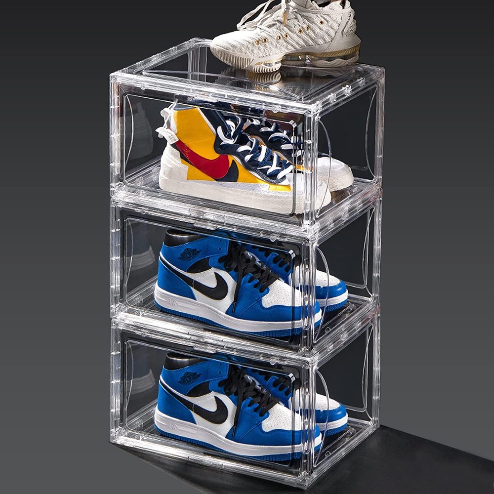 Yimeka Modern Rectangular Shoe Box, 3-Pack, Clear Plastic Stackable Front Shoe Container with Clear Door, Magnetic Side Opening Sneaker Storage (14.6" x8.3 x10.2)