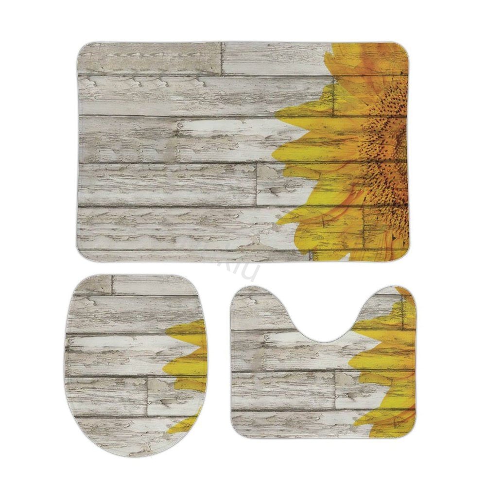 3-Pack Bath Mat Set, Autumn Sunflowers Wood Pattern Absorbent Memory Foam Soft Shower Bath Rugs Contour Mat and Lid Cover,Non Slip Velvet Bathrug,Shower Toilet Bathmats Carpet 20"x32"