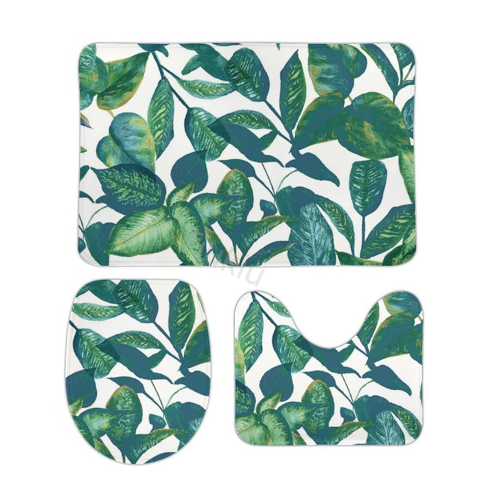 3-Pack Bath Mat Set, Leaf Pattern Plant Absorbent Memory Foam Soft Shower Bath Rugs Contour Mat and Lid Cover,Non Slip Velvet Bathrug,Shower Toilet Bathmats Carpet 20"x32"