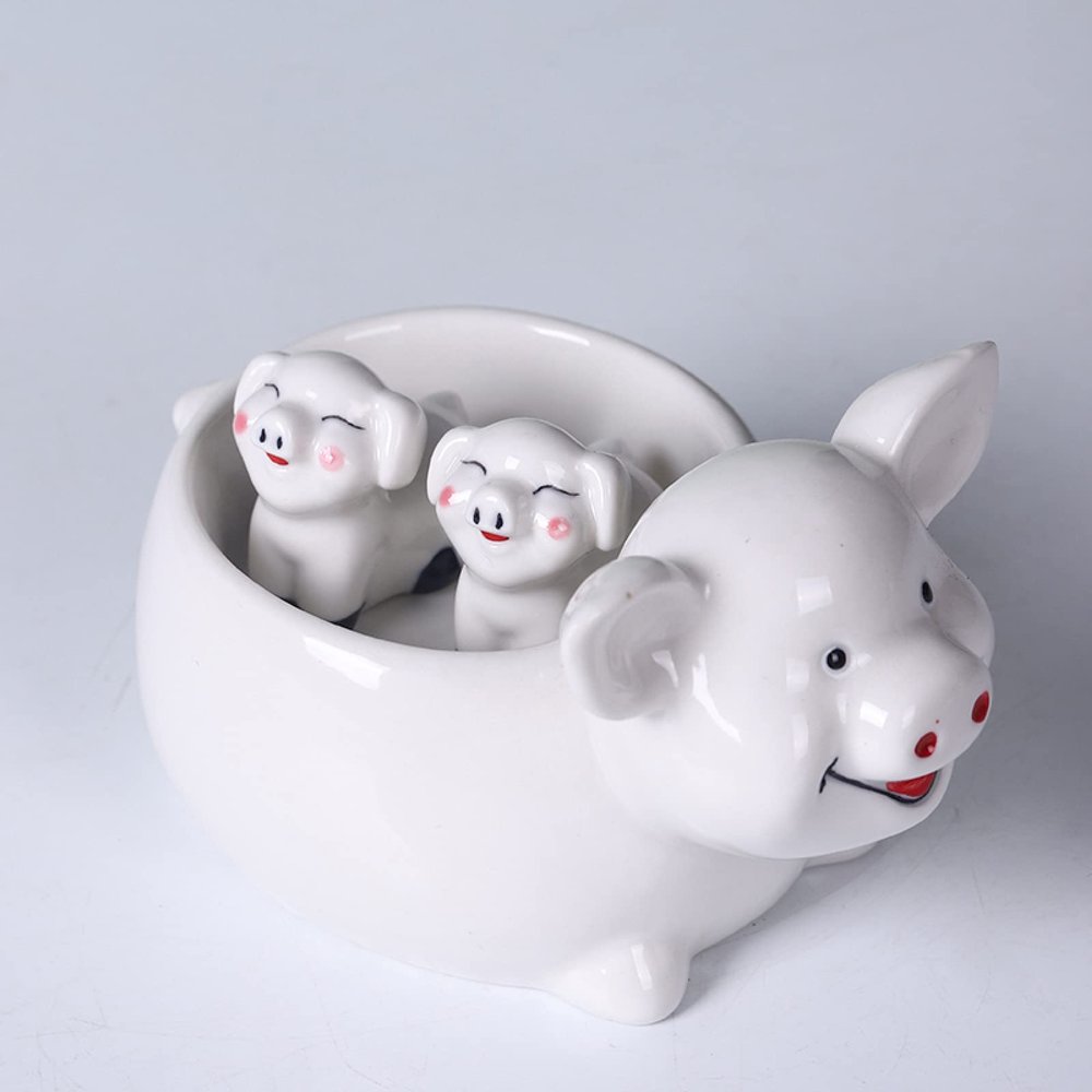 DECRZPB Ceramic Ornament White Pig Shape Chopstick Rest Spoon Holder Set Chopstick Holder Chopsticks Stand Rest Fork Tableware Utensils Dish