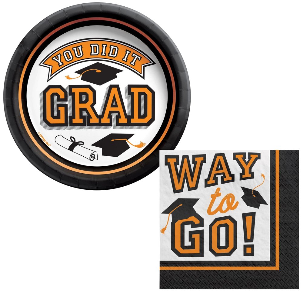 Graduation Party Supply Pack for 40 People | Bundle Includes Paper Dessert Plates & Beverage Napkins | School Colors (Orange)