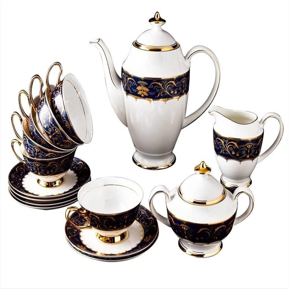 European light luxury 15 pieces of fine bone Chinese design tea set ceramic porcelain teapot cup holder afternoon tea set gold thread design