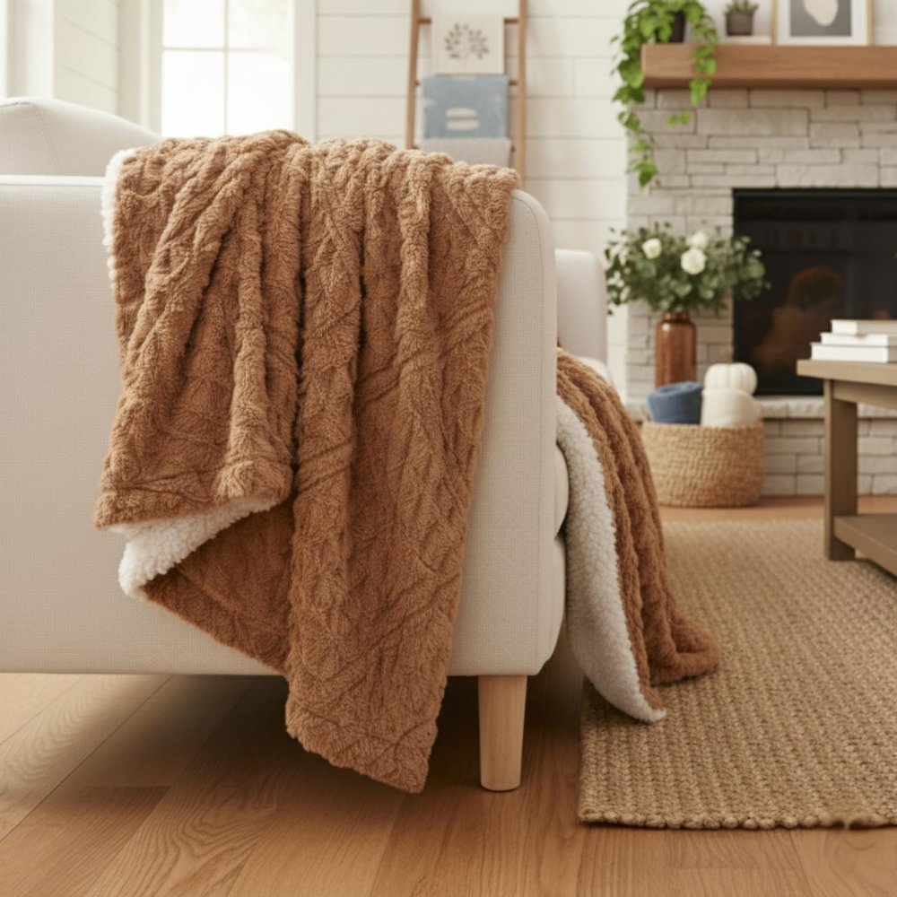 Tache Caramel Brown Faux Fur Throw Blanket - Fuzzy Camel Cognac Chevron Geometric Embossed Super Soft Warm Fluffy White Sherpa Plush Golden Brown Blanket - 50" x 60"