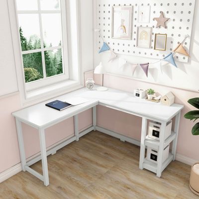 Max & Lily L Shaped Desk, Corner Desk for Home Office, Gaming, Computer with Storage Shelves, 55 x 55 Inches, White