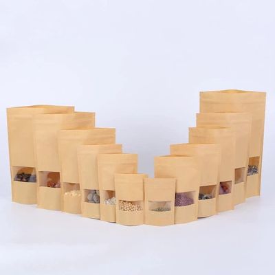 Crysdaralovebi 100pcs Packing Zip Lock Kraft Paper Window Bag Stand up Gift Dried Food Fruit Tea Packaging Pouches Zipper Self Sealing Bags (23X35cm)