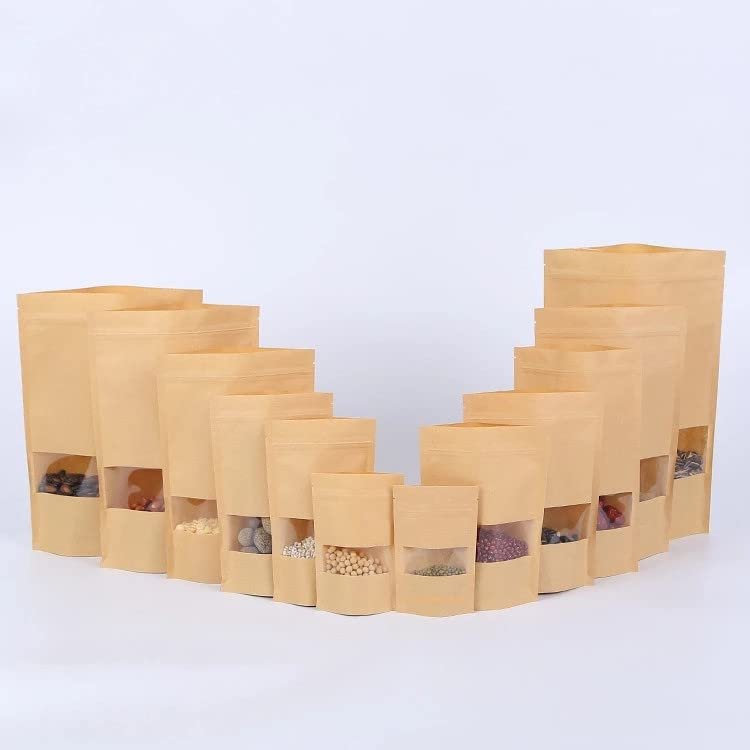 Crysdaralovebi 100pcs Packing Zip Lock Kraft Paper Window Bag Stand up Gift Dried Food Fruit Tea Packaging Pouches Zipper Self Sealing Bags (23X35cm)