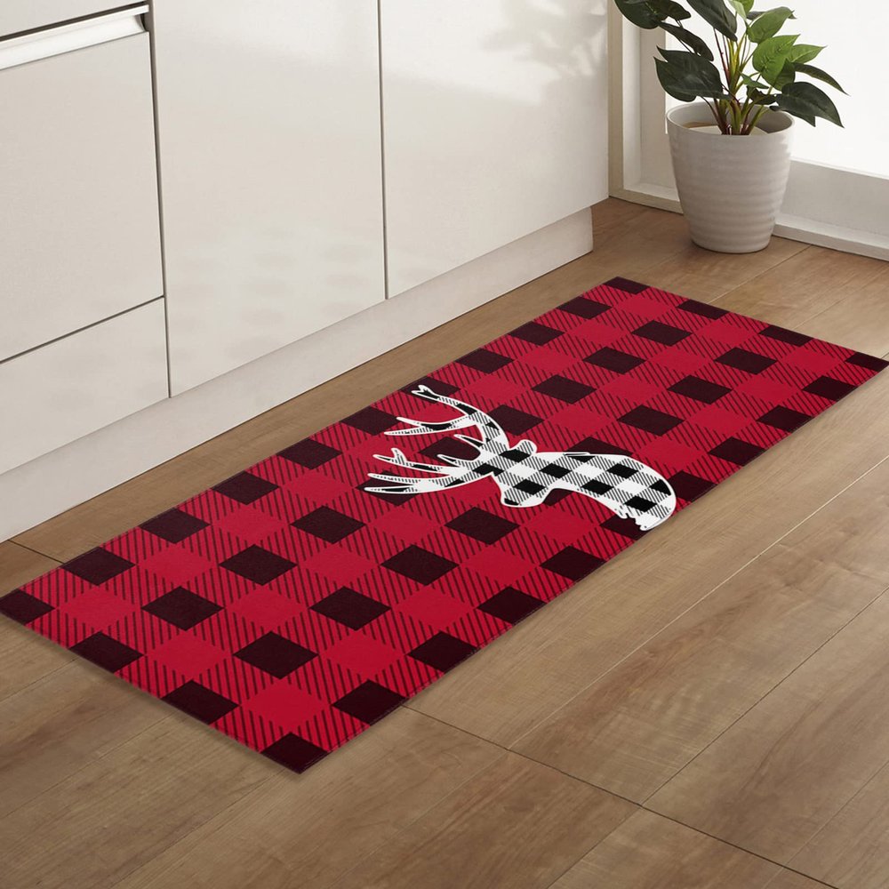 Christmas Santa's Reindeer Welcome Front Door Mat, Anti Fatigue Washable Kitchen Floor Mats Rugs Decor, Red Black Plaid Cashmere Indoor Floor Mats Runners Rugs for Kitchen Bathroom Bedroom, 20x63inch