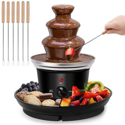 16oz Chocolate Fondue Fountain, 3-Tier MINI Chocolate Fountain with 6PCS Fondue Fork and Removal Fruits/Nuts/Treats Serving Tray for BBQ Sauce,Ranch,Nacho Cheese,Liqueurs