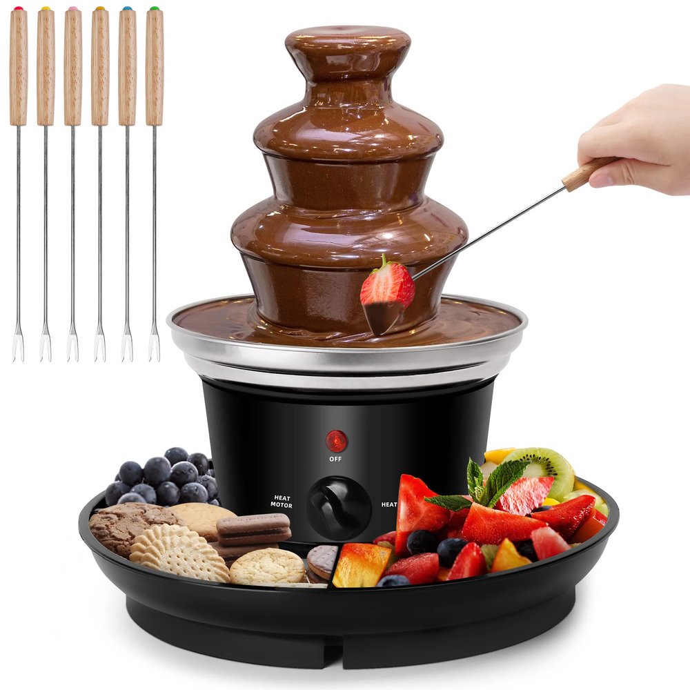 16oz Chocolate Fondue Fountain, 3-Tier MINI Chocolate Fountain with 6PCS Fondue Fork and Removal Fruits/Nuts/Treats Serving Tray for BBQ Sauce,Ranch,Nacho Cheese,Liqueurs
