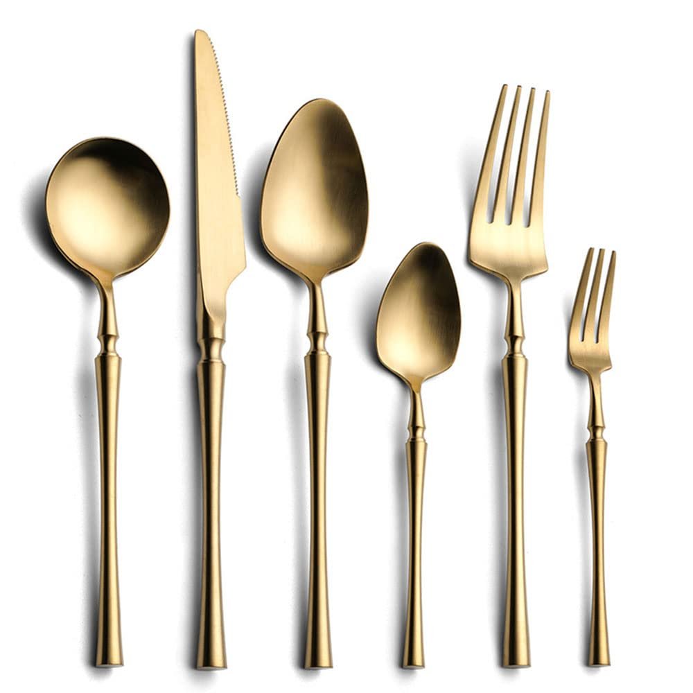 24 Piece Rose Matte Gold Silverware Set for 4 Stainless Steel Flatware Cutlery Set, Modern Design Kitchen Utensils Tableware Set for Home Restaurant, Mirror Finish, Dishwasher Safe