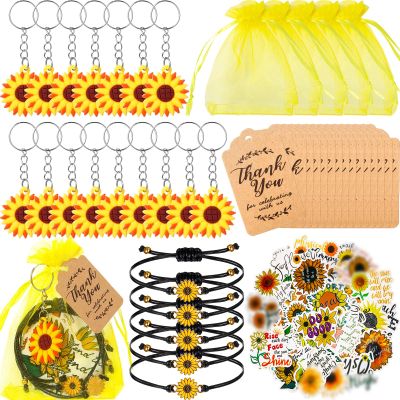 Tuanse 130 Pcs Sunflower Party Favors Including Sunflower Keychains Adjustable Bracelets PVC Stickers Thank You Kraft Tags Organza Bags for Summer Birthday Party Decoration Gift Wedding Reward