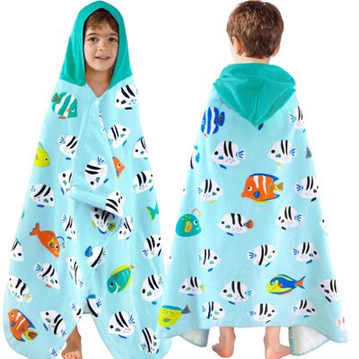 VOOVA & MOVAS Kids Beach Towels with Hood,(3-8 Years, 30''X50),Absorbent 100% Cotton Towel Wrap for Boys, Perfect for Toddler Beach, Pool, Bath, Swimming, Fish