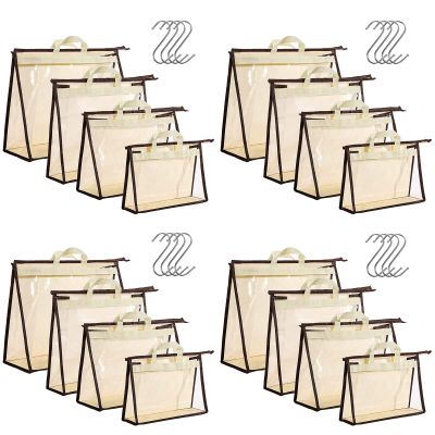 16 Pack Clear Handbag Storage Organizer and 16 Stainless Steel S-Hooks Anti-dust Purse Storage Bags with Zipper and Handle Moisture Proof Dust Cover Organizer Bags for Closet Hanging, 4 Assorted Sizes