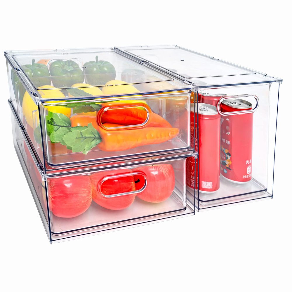 MineSign Stackable Fridge Drawer Pull-Out Bins with Handles 3 Pack Large Clear Food Container with Removable Dividers Refrigerator Storage box Divided Produce Saver for Pantry Kitchen