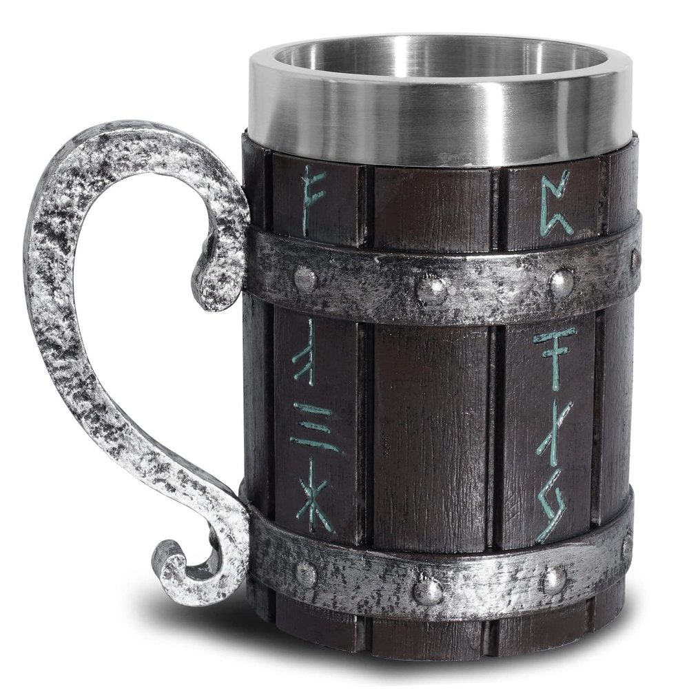 Ottalent Nordic Viking Mug,Oak Wooden Beer Stein Stainless Steel Liner,Nordic mythology Viking Runes Tankard Coffee Cup for Men Fathers Day Gift 18oz.
