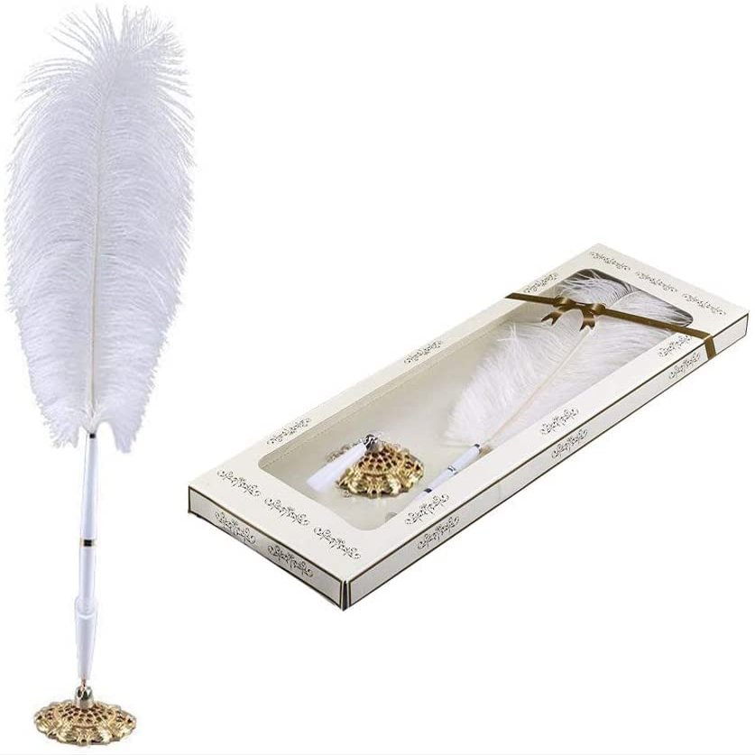 GOTOTOP Quill Pen White Ostrich Signing Pen Wedding Reception Guest Pen Wedding Signing Pen Set with Holder Wedding Bridal Guest Signing Pen (Gold)