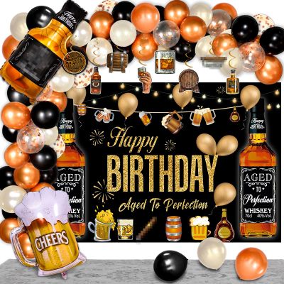 Bluegogo Whiskey Party Decorations for Men, 82 Pcs Aged To Perfection Kit with Foil Balloons, Backdrop, Hanging Swirls, Latex Balloons (Champagne, Orange, Black) for 30 40 50 Birthday Parties