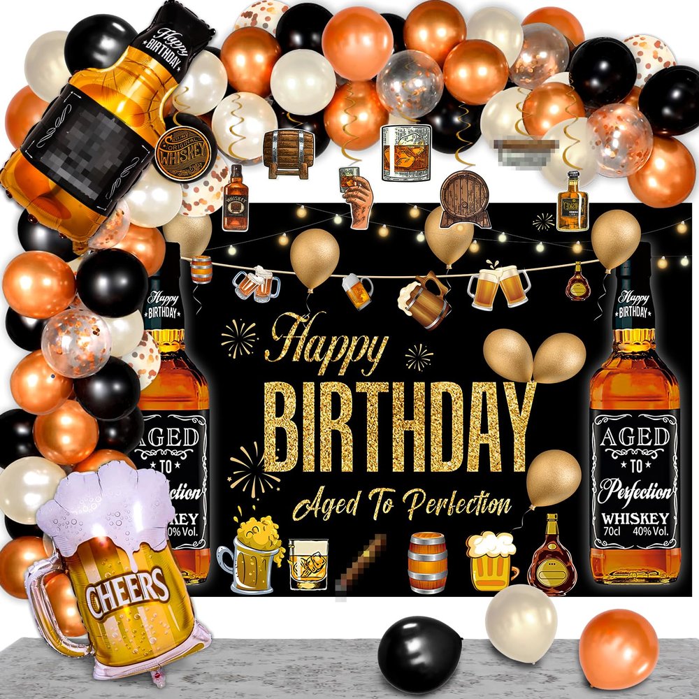 Bluegogo Whiskey Party Decorations for Men, 82 Pcs Aged To Perfection Kit with Foil Balloons, Backdrop, Hanging Swirls, Latex Balloons (Champagne, Orange, Black) for 30 40 50 Birthday Parties