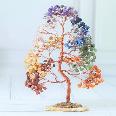 7 Chakra Tree of Life Spiritual Wisdom, Geode Agate Slice Base, Handmade Crystal Tree for Positive Energy, Creativity, Seven Chakra Healing Stone, Attract Good Luck & Charm, Feng Shui Decor, Gifts
