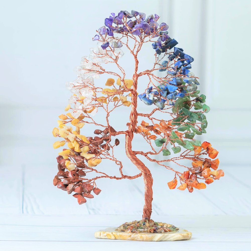 7 Chakra Tree of Life Spiritual Wisdom, Geode Agate Slice Base, Handmade Crystal Tree for Positive Energy, Creativity, Seven Chakra Healing Stone, Attract Good Luck & Charm, Feng Shui Decor, Gifts