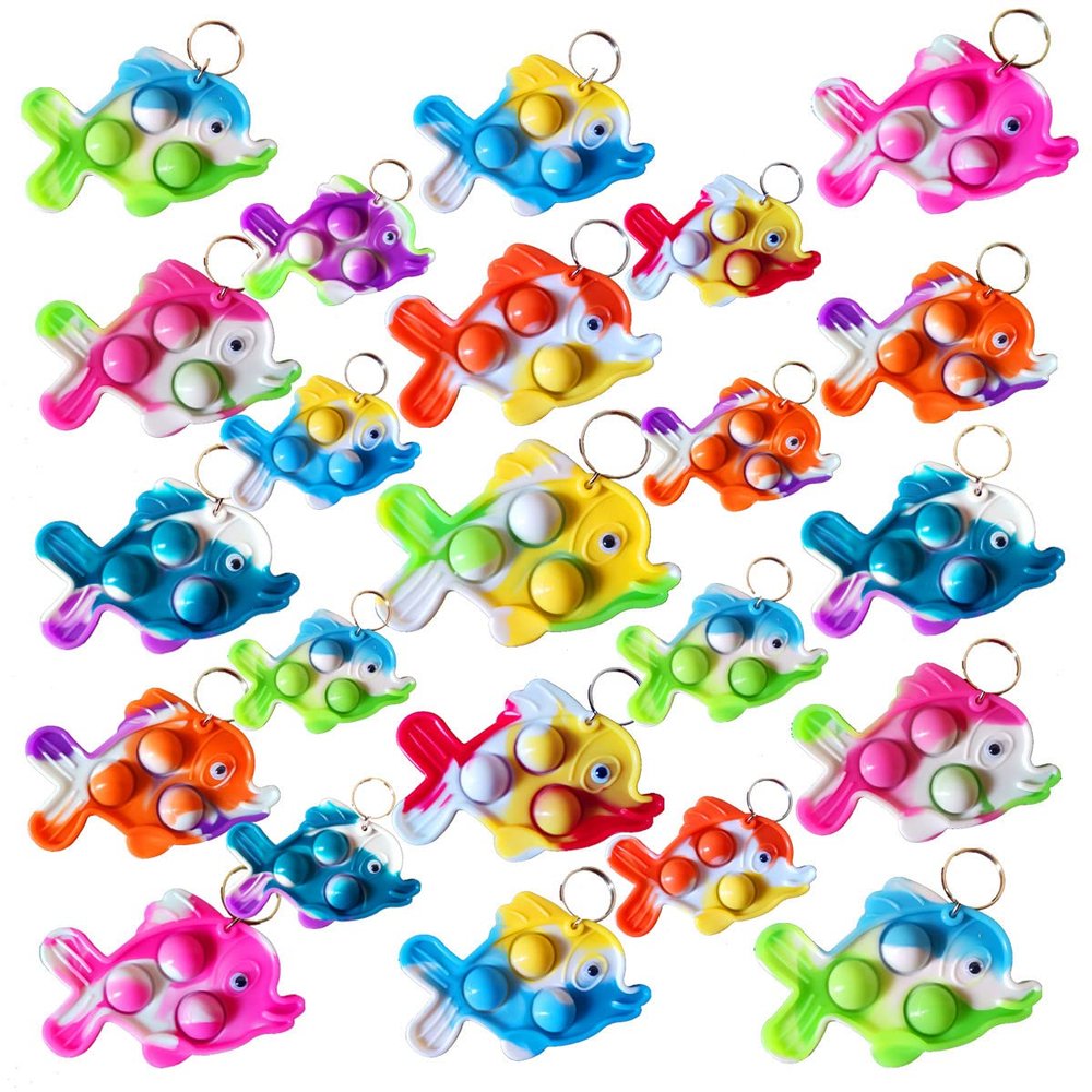 Roaqua 30 Packs Bulk Fish Backpack Keychain Mini pop FidgetSea Animal Supplies,Birthday Party Favors,Summer Students Bubble Prize for boy and Little Girl,Kids