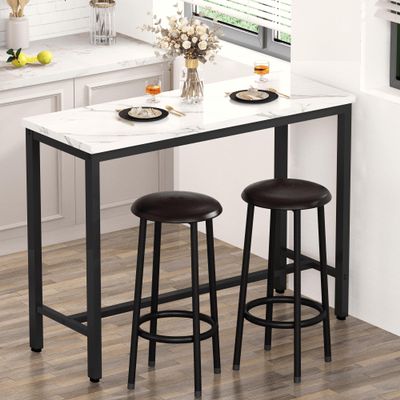 Lamerge 47.2" Bar Table Set of 2,Faux Marble Table Top,PU Leather Stools,3 Piece Pub Height Table Set,Dining Table Set,for Kitchen,Living Room,Nook,Bar,White&Brown